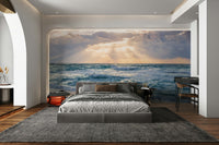 Stunning twilight ocean mural with sun rays shining

