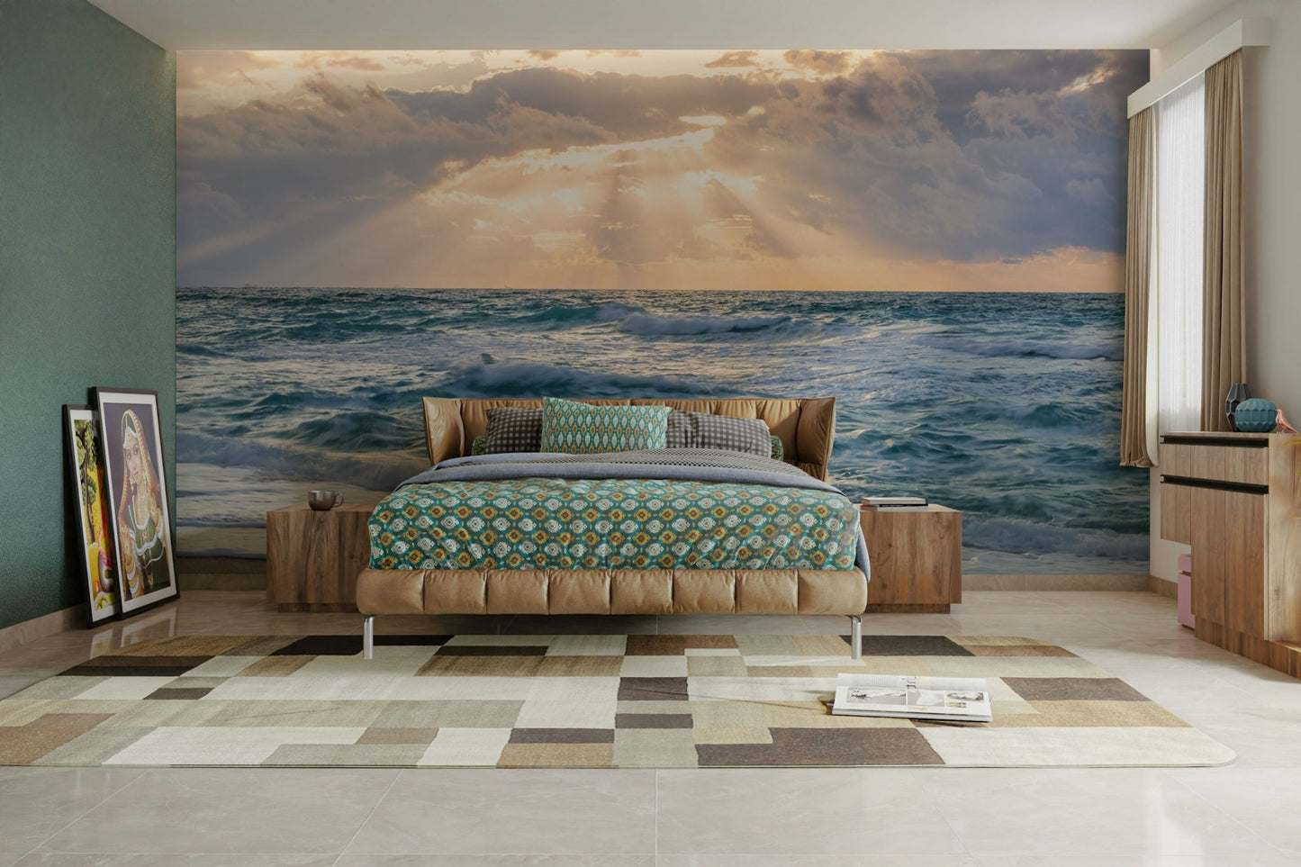Golden sunset and ocean waves in shades of twilight mural

