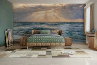 Golden sunset and ocean waves in shades of twilight mural

