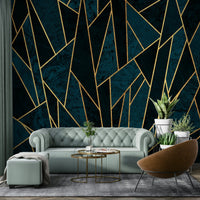 Elegant deep blue and gold mosaic wall mural with shattered design

