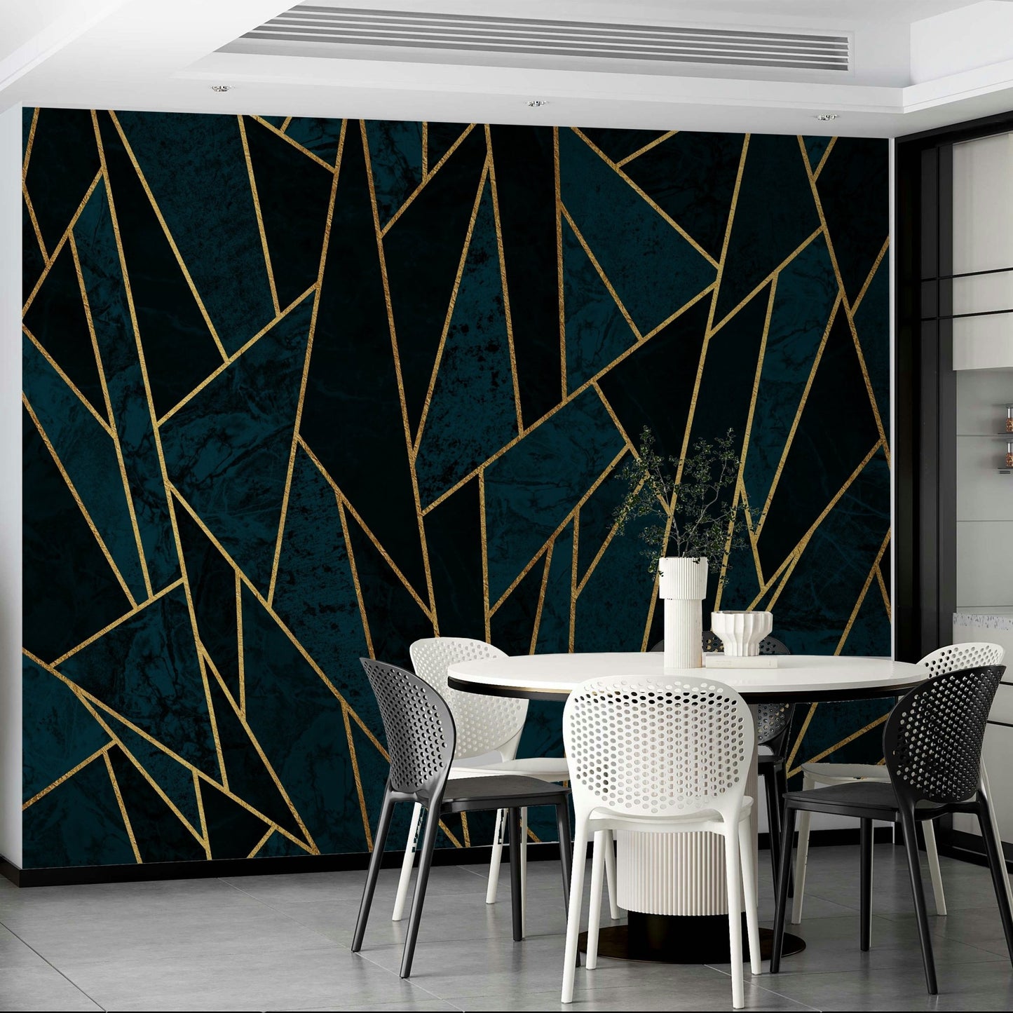 Shattered blue mosaic mural with golden highlights for walls

