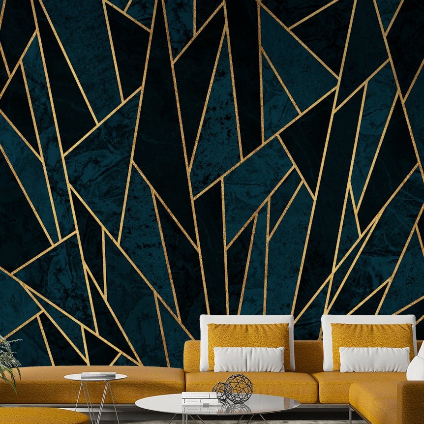 Vibrant blue and gold mosaic mural with shattered pattern design

