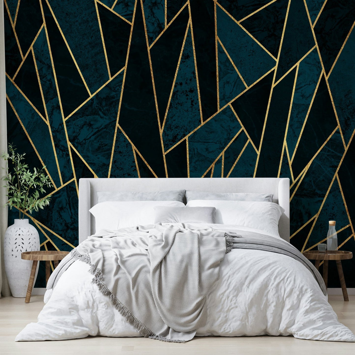 Luxe gold and deep blue mosaic wall mural for sophisticated rooms

