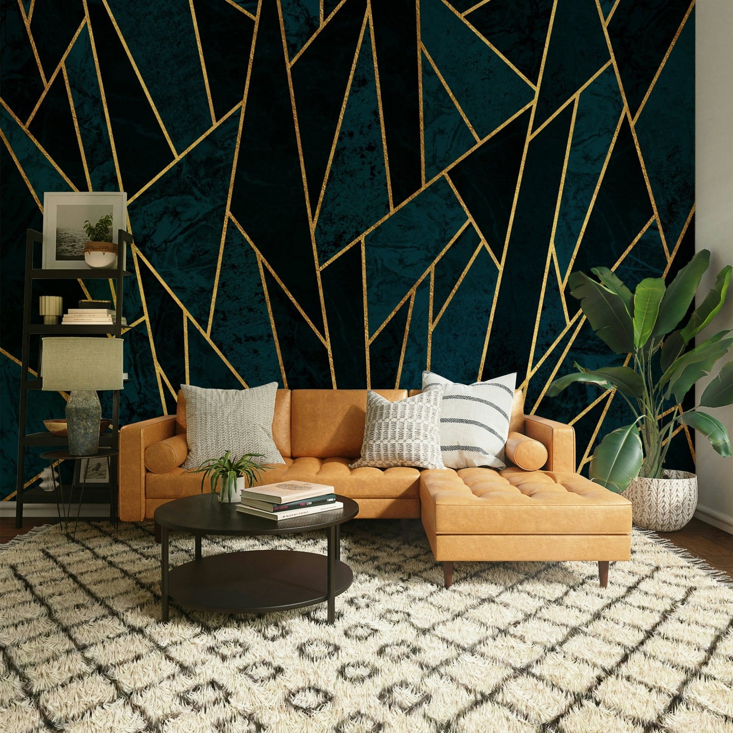 Dramatic deep blue and gold mosaic wall mural for chic interiors

