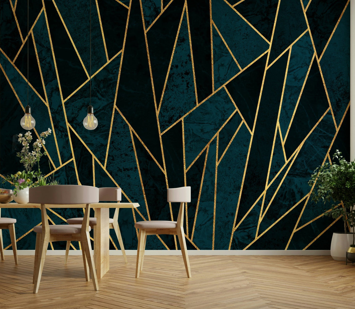 Shattered deep blue mosaic and gold wall mural for bold interiors

