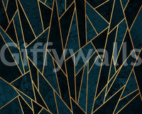 Shattered mosaic mural with deep blue tones and gold accents

