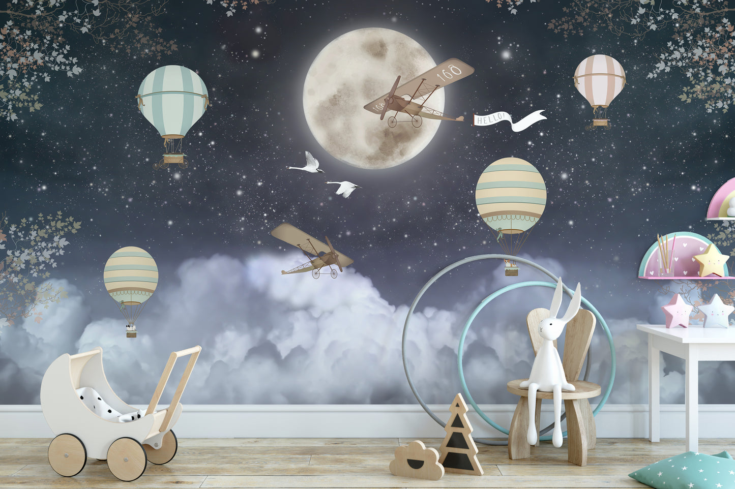 Shinny Stars Night Hot Air Balloons Wallpaper Murals - Giffywalls