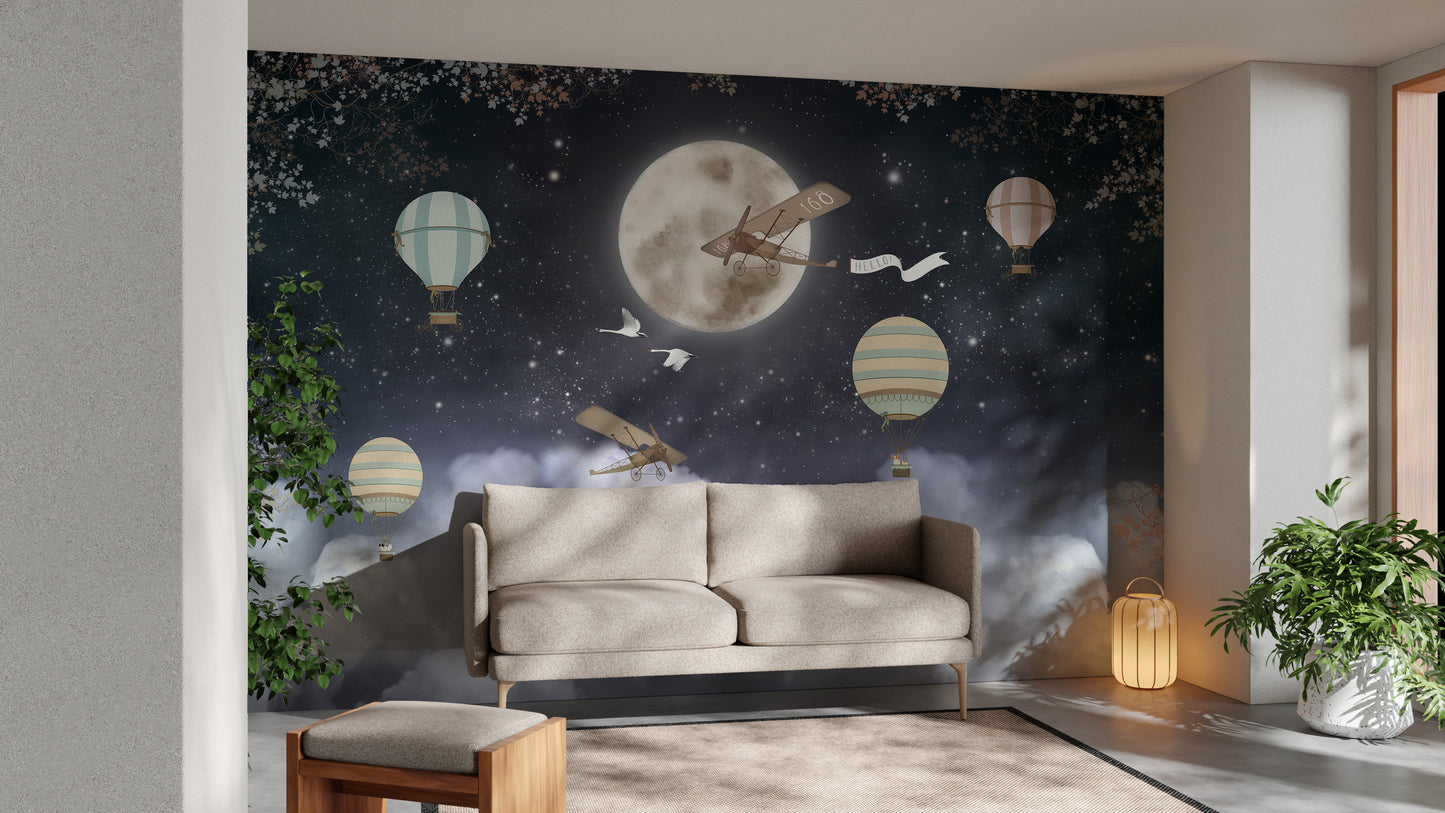 Shinny Stars Night Hot Air Balloons Wallpaper Murals - Giffywalls