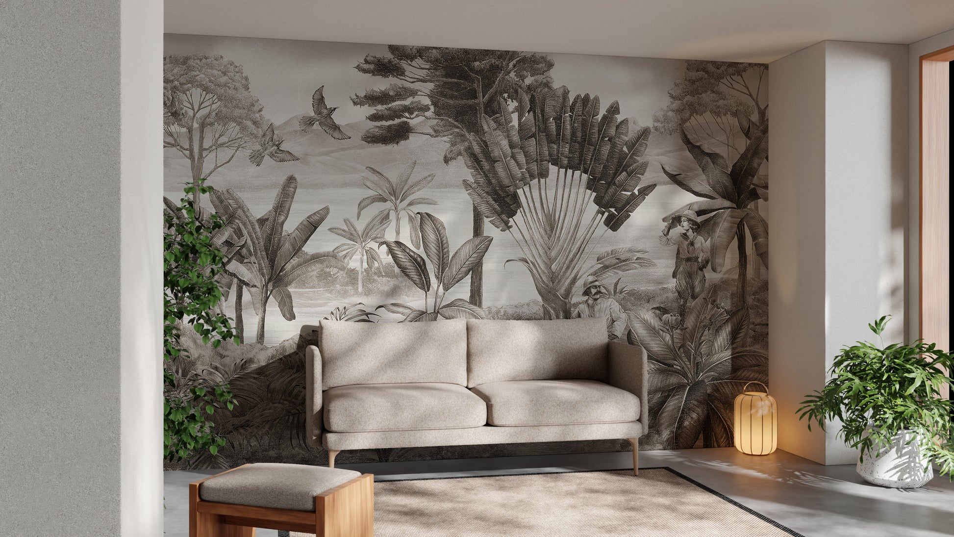 Shooter sitting jungle scene mural for captivating interiors.