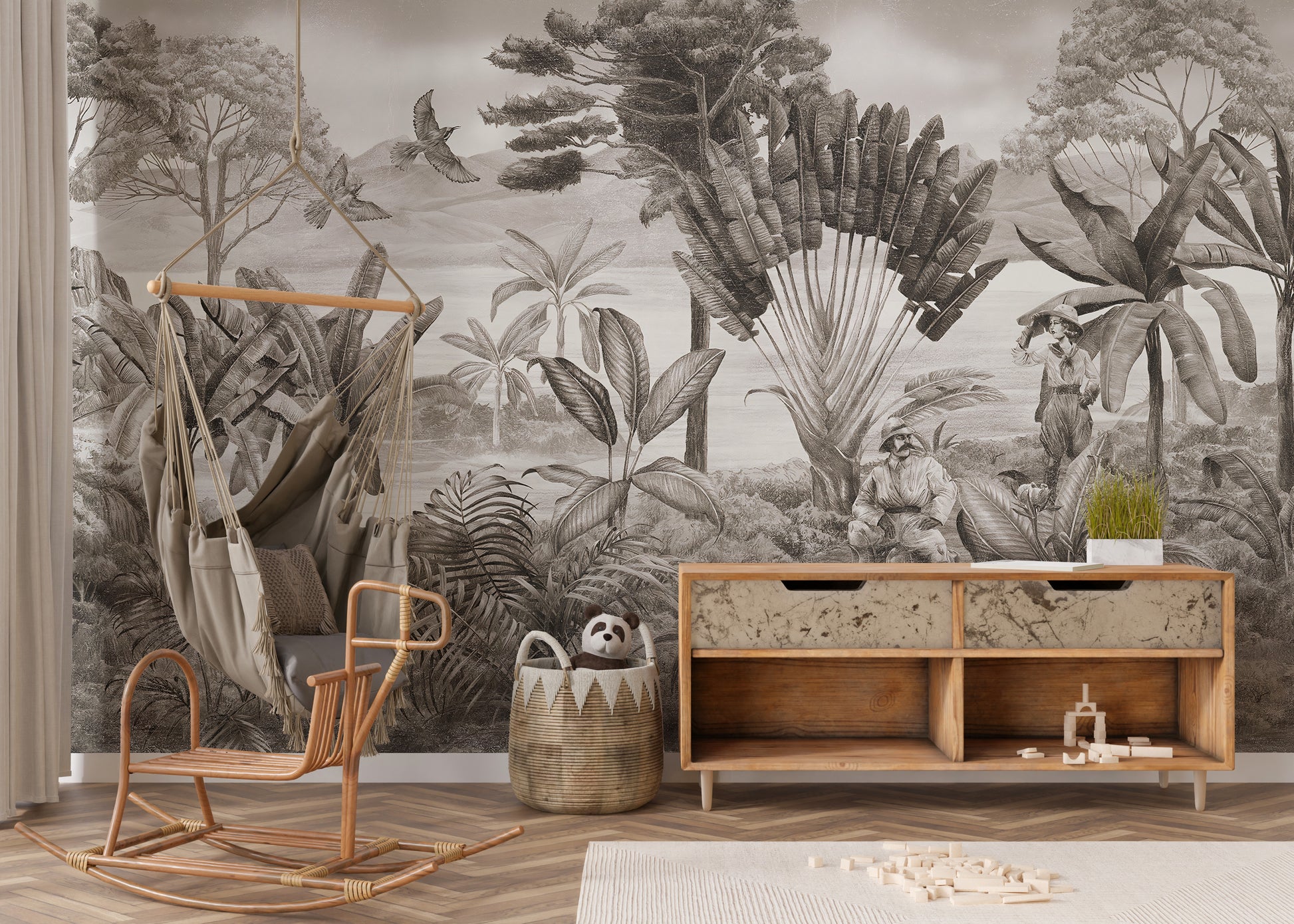 Jungle-themed wallpaper mural with a sitting shooter motif.
