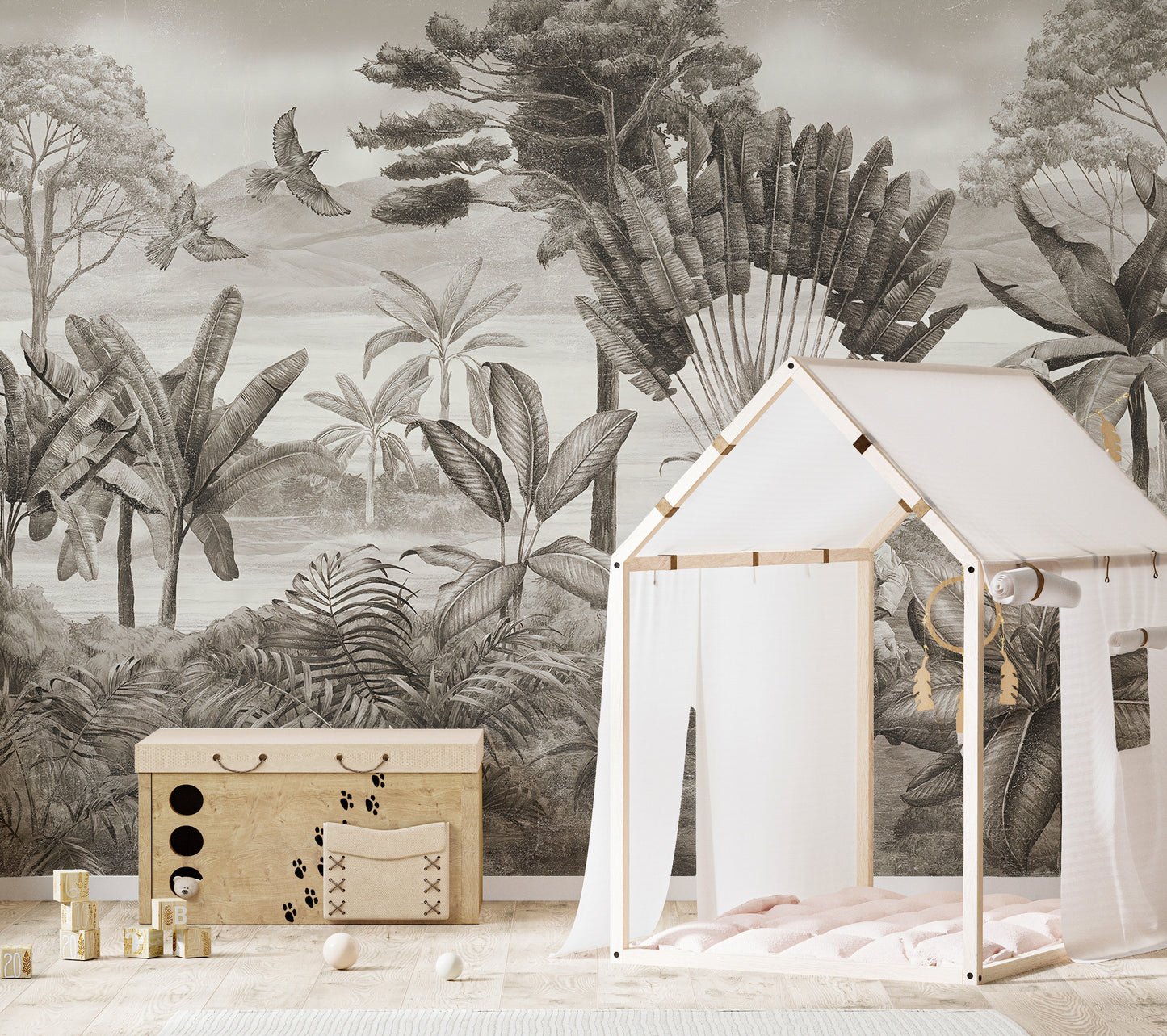 Shooter in a jungle wallpaper mural for dramatic wall designs.
