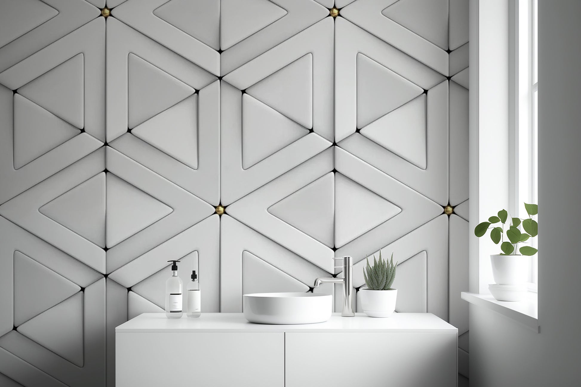 Bold 3D white triangle wallpaper for statement walls.
