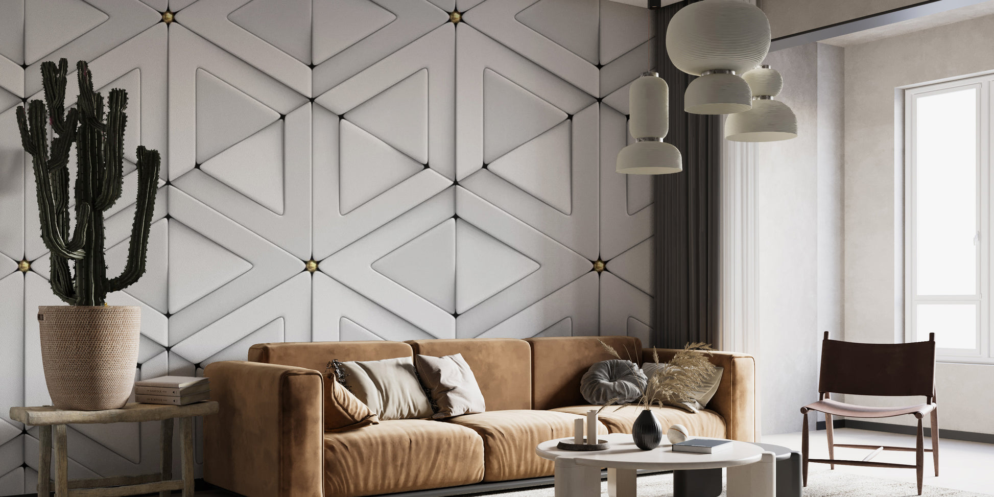 White triangle pattern wallpaper with a 3D textured effect.