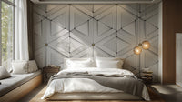 Minimalist 3D triangle pattern wallpaper in white tones.