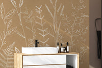Beige Herbs Garden wallpaper with white line-art botanicals above a wooden vanity and vessel sink in a bathroom