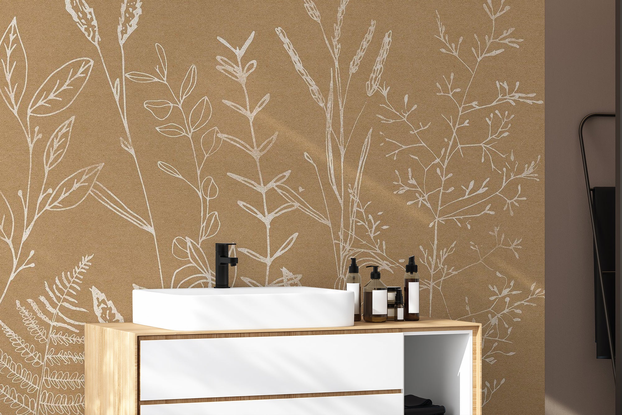 Beige Herbs Garden wallpaper with white line-art botanicals above a wooden vanity and vessel sink in a bathroom