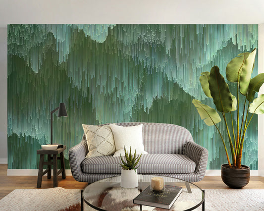 Emerald Rain Aesthetic wallpaper mural of streaked green tones behind a grey sofa and tall banana plant