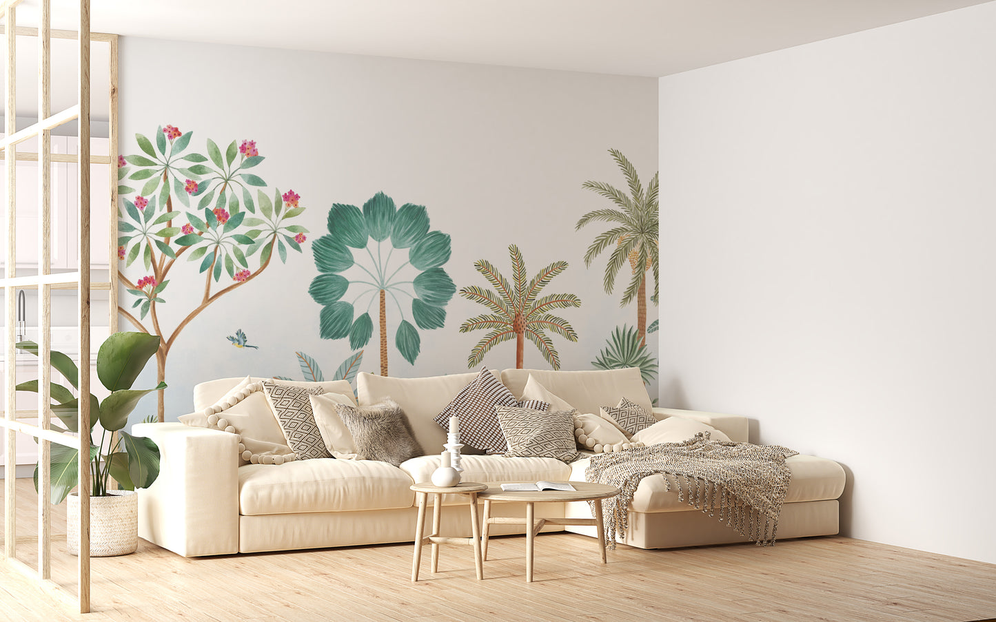 Exotic floral wallpaper with detailed tropical plant art.
