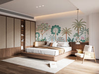 Nature-themed tropical wallpaper with vibrant leaves pattern.