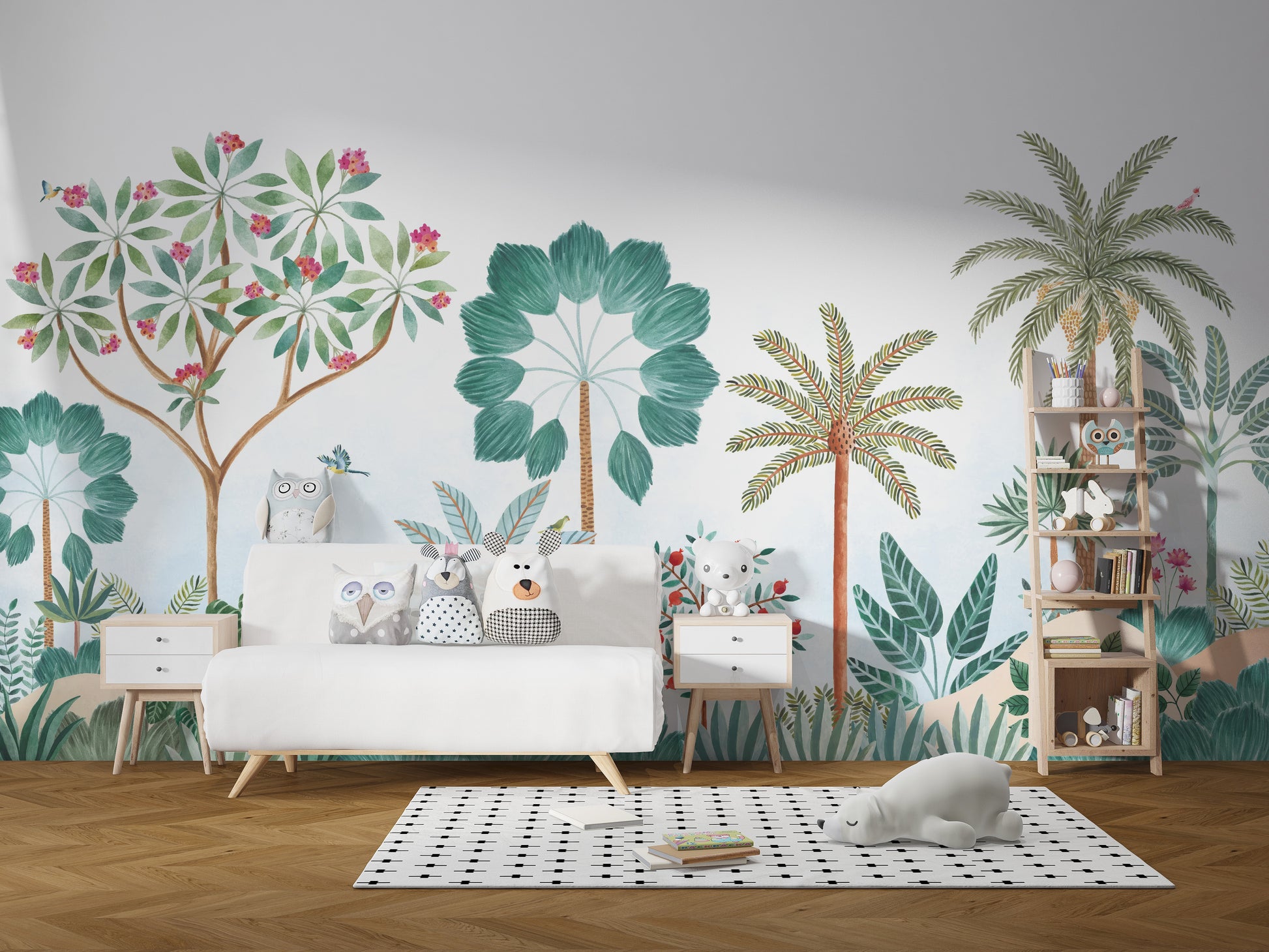 Lush jungle-inspired wallpaper featuring palm trees design.