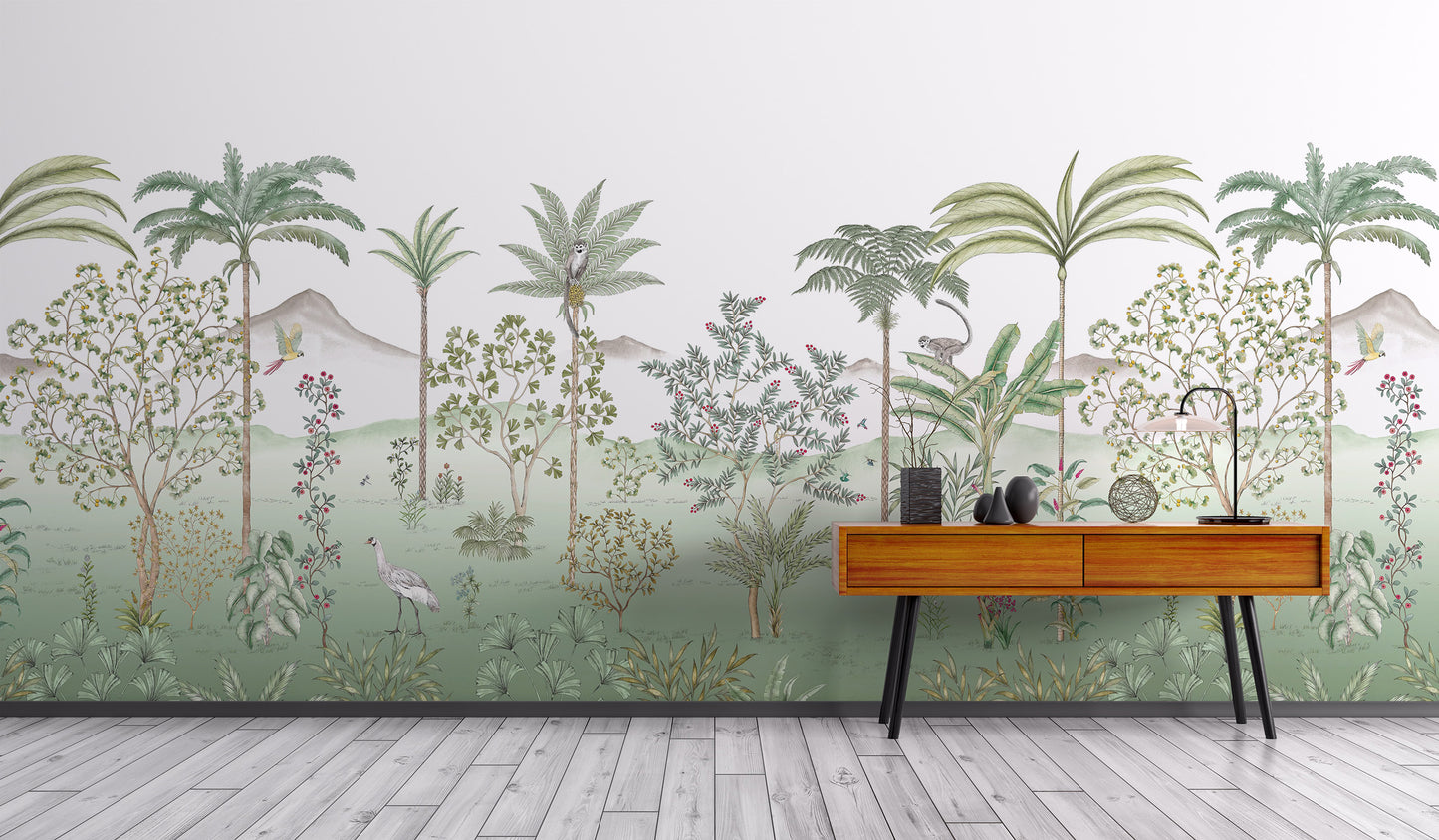 Colorful tropical flora and fauna mural
