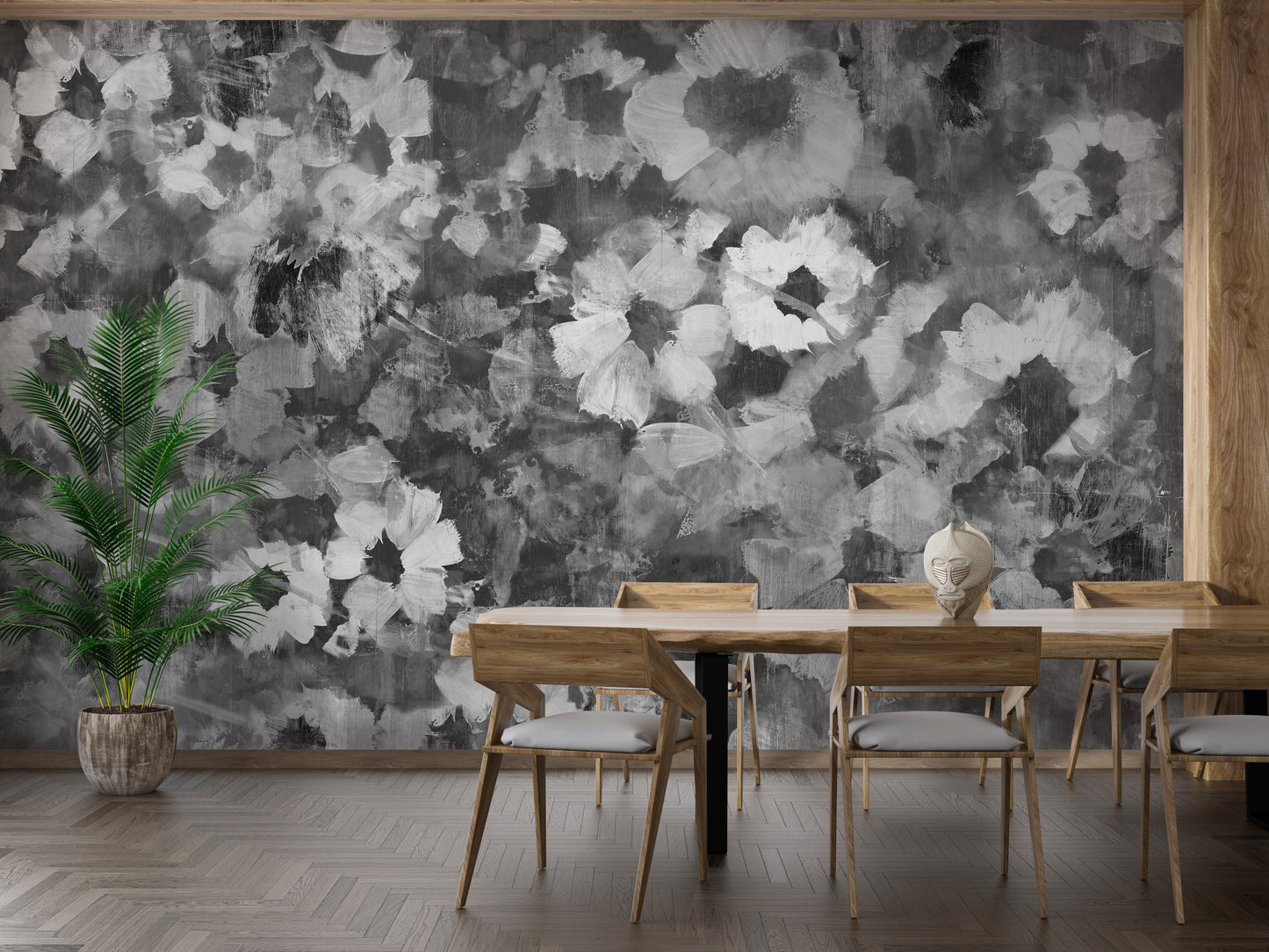 Exquisite Floral Art wallpaper mural styled along a hallway feature wall near a console in black and white
