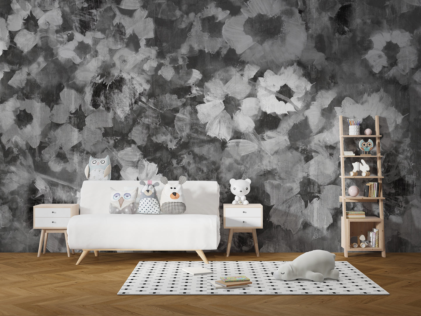 Exquisite Floral Art wallpaper mural as a feature wall in a home office workspace in black and white