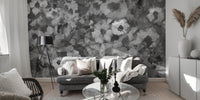 Exquisite Floral Art wallpaper mural styled as a feature wall behind a dining table and chairs in black and white