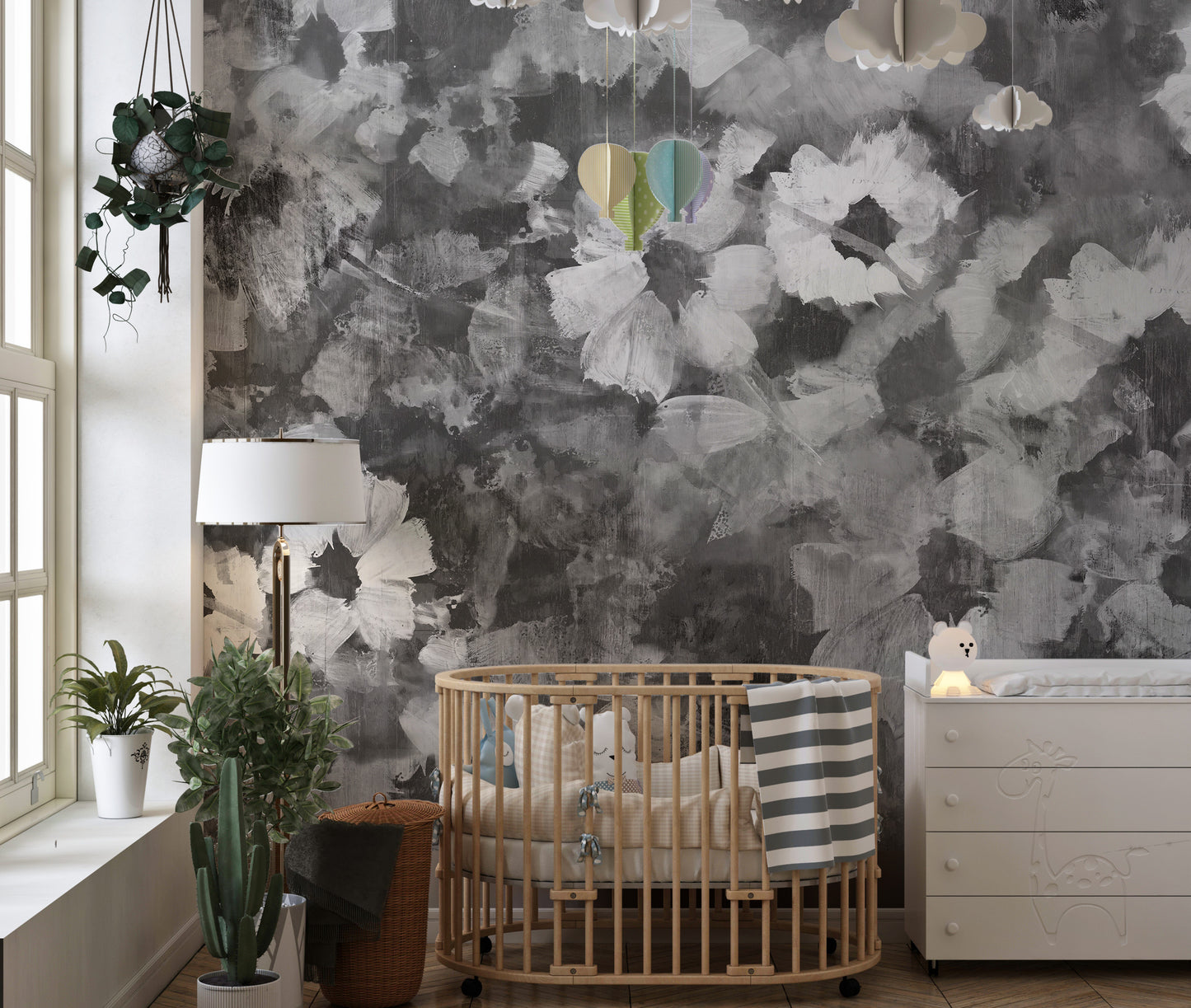 Exquisite Floral Art wallpaper mural as a bedroom feature wall behind the headboard in black and white