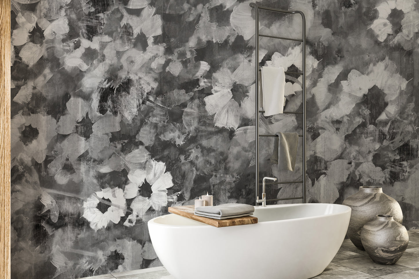 Exquisite Floral Art wallpaper mural styled as a living room feature wall behind a sofa and seating in black and white