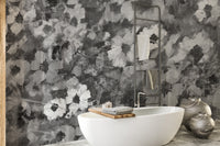 Exquisite Floral Art wallpaper mural styled as a living room feature wall behind a sofa and seating in black and white