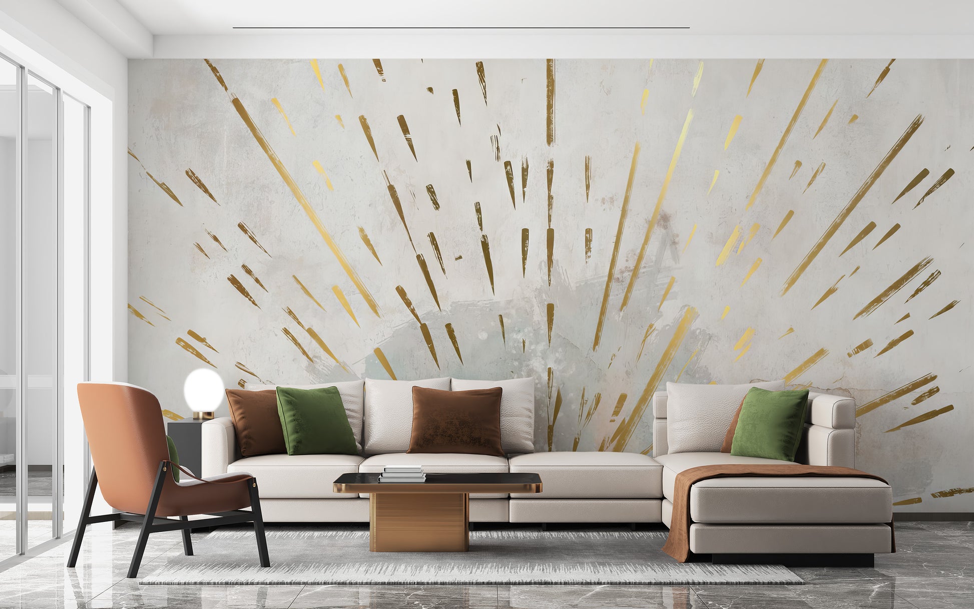 Aurora Gleam Abstract wallpaper mural of gold rays on cream behind a cream sectional sofa and orange armchair in a living room
