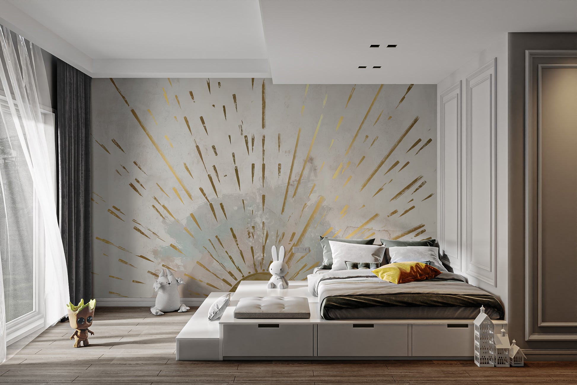 Aurora Gleam Abstract wallpaper mural of a golden sunburst behind a white platform bed with grey bedding in a bedroom