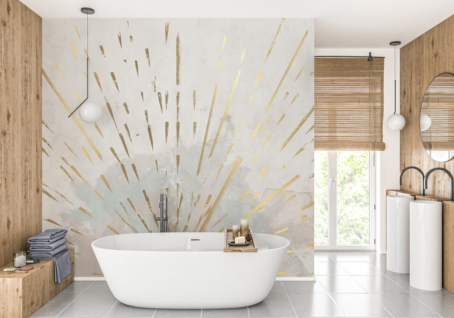 Aurora Gleam Abstract wallpaper mural of gold rays on a beige wall behind a freestanding white bathtub in a wood-panelled bathroom