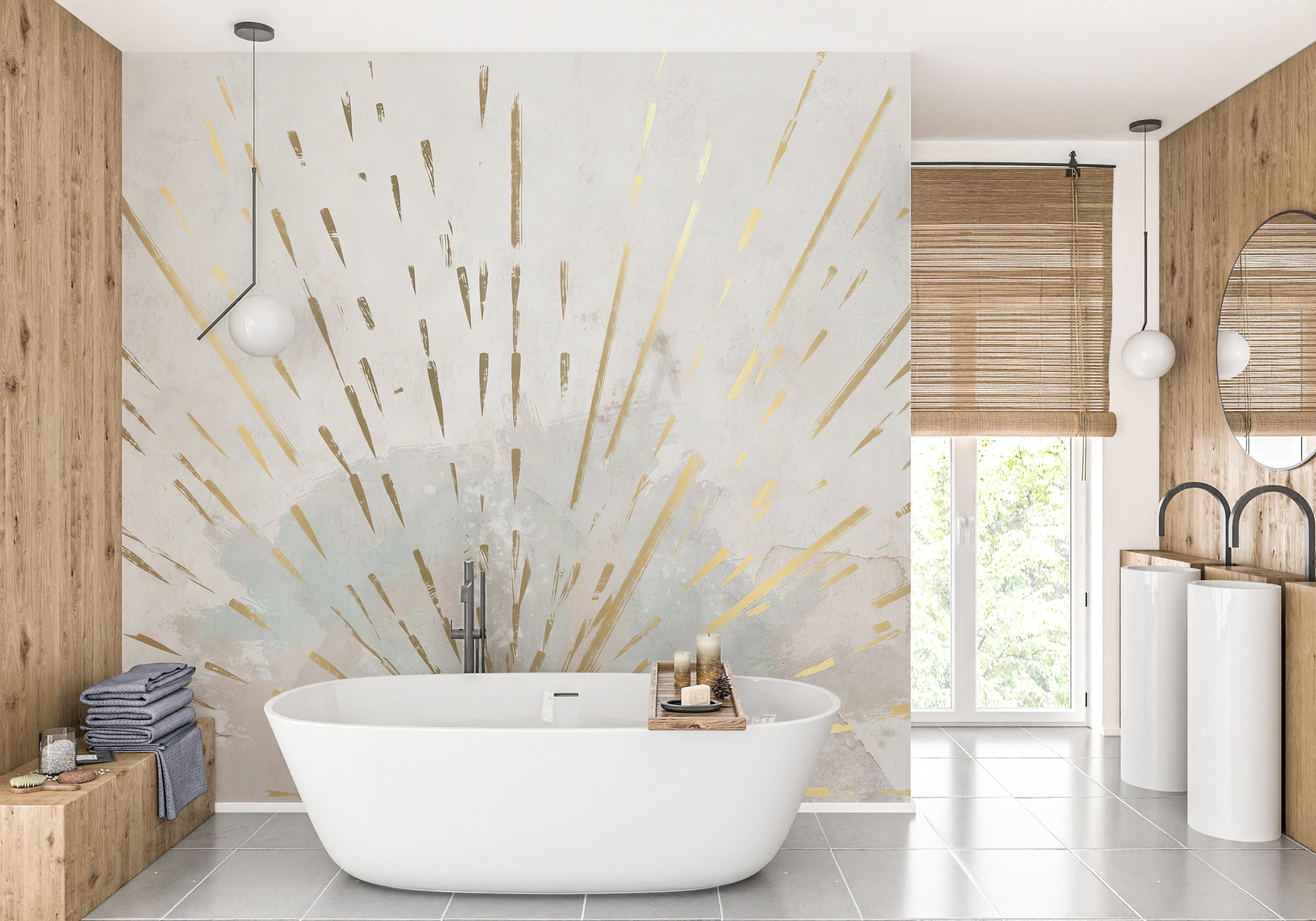 Aurora Gleam Abstract wallpaper mural of gold rays on a beige wall behind a freestanding white bathtub in a wood-panelled bathroom