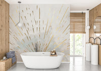 Aurora Gleam Abstract wallpaper mural of gold rays on a beige wall behind a freestanding white bathtub in a wood-panelled bathroom