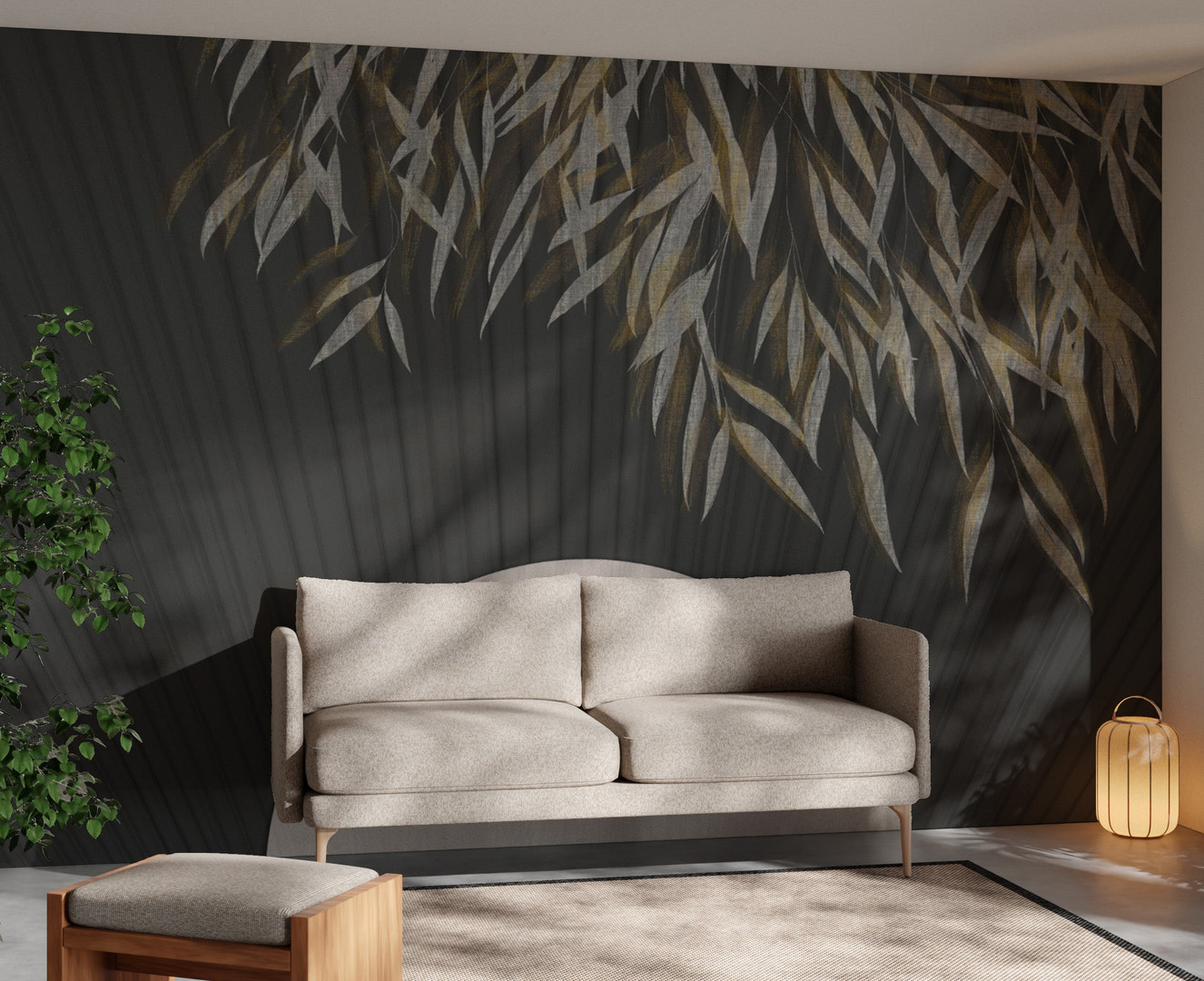 Minimalist black textured wallpaper with gold leaves
