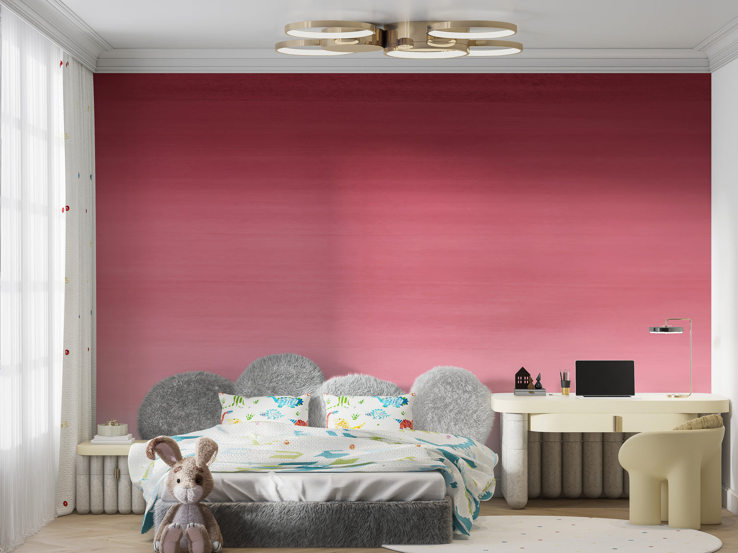 Cherry Blossom Panel wallpaper mural in magenta-to-pink ombre on a kids bedroom wall above a grey cloud headboard