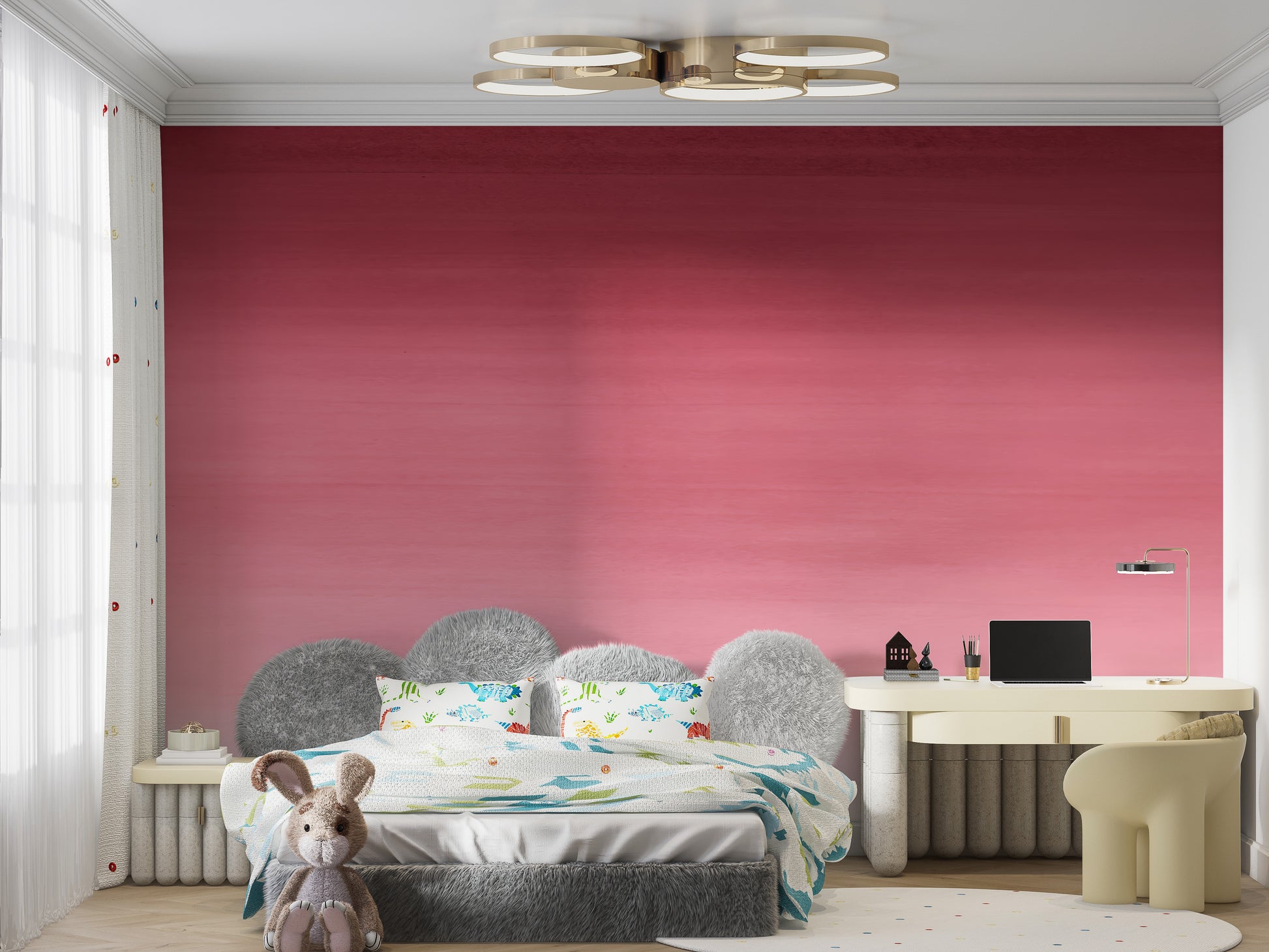 Cherry Blossom Panel wallpaper mural in magenta-to-pink ombre on a kids bedroom wall above a grey cloud headboard