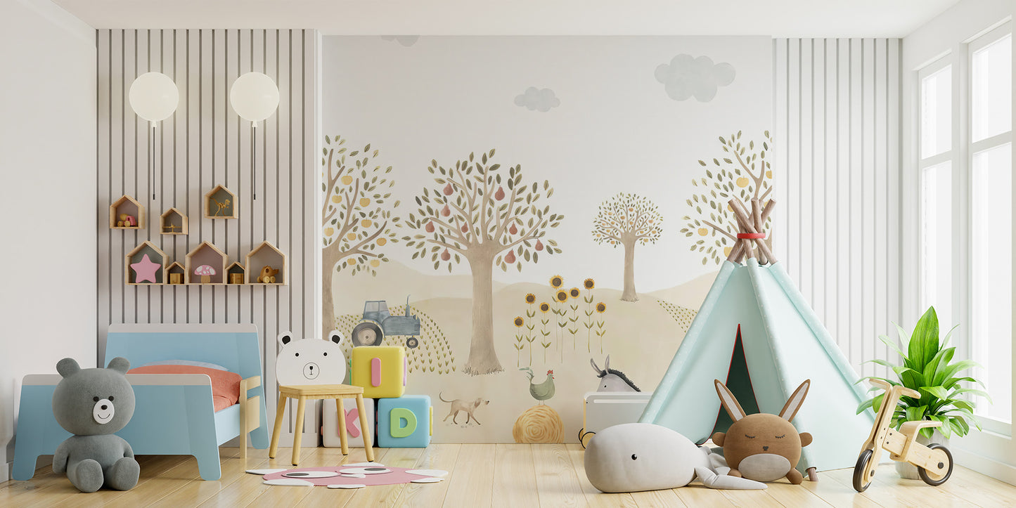 Countryside Whimsy wallpaper mural with soft orchard scene behind a blue bed, bear chair and mint teepee in a kids room