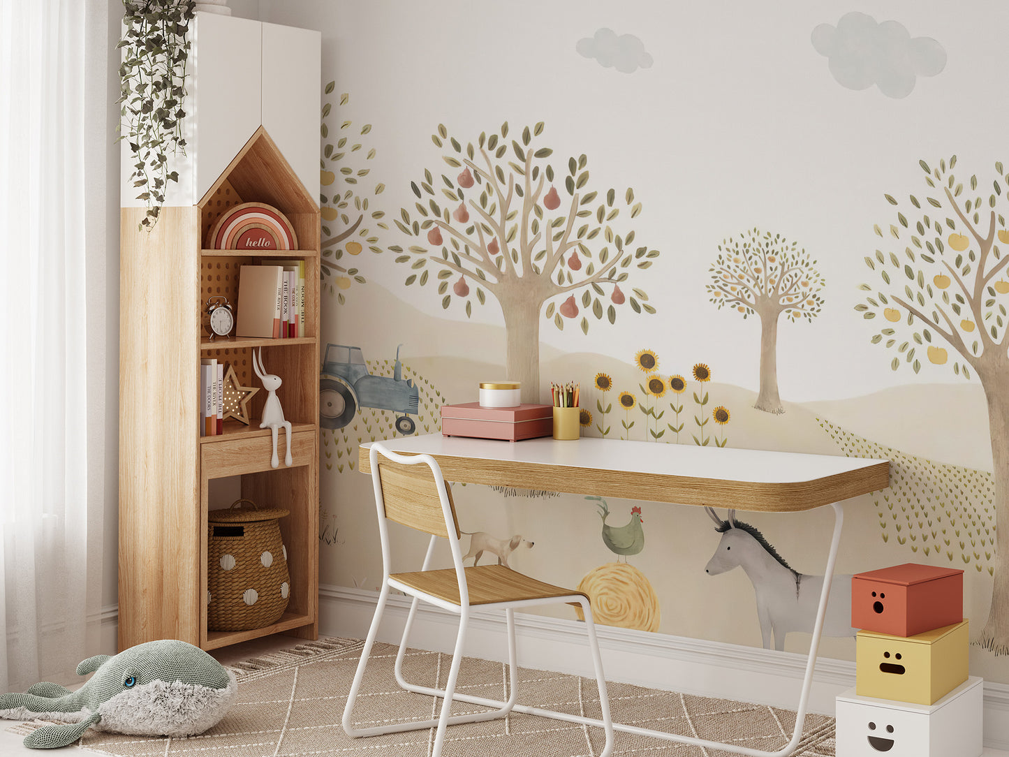 Countryside Whimsy wallpaper mural with pastel orchard trees and a tractor behind a white desk and house-shaped bookshelf in a kids room