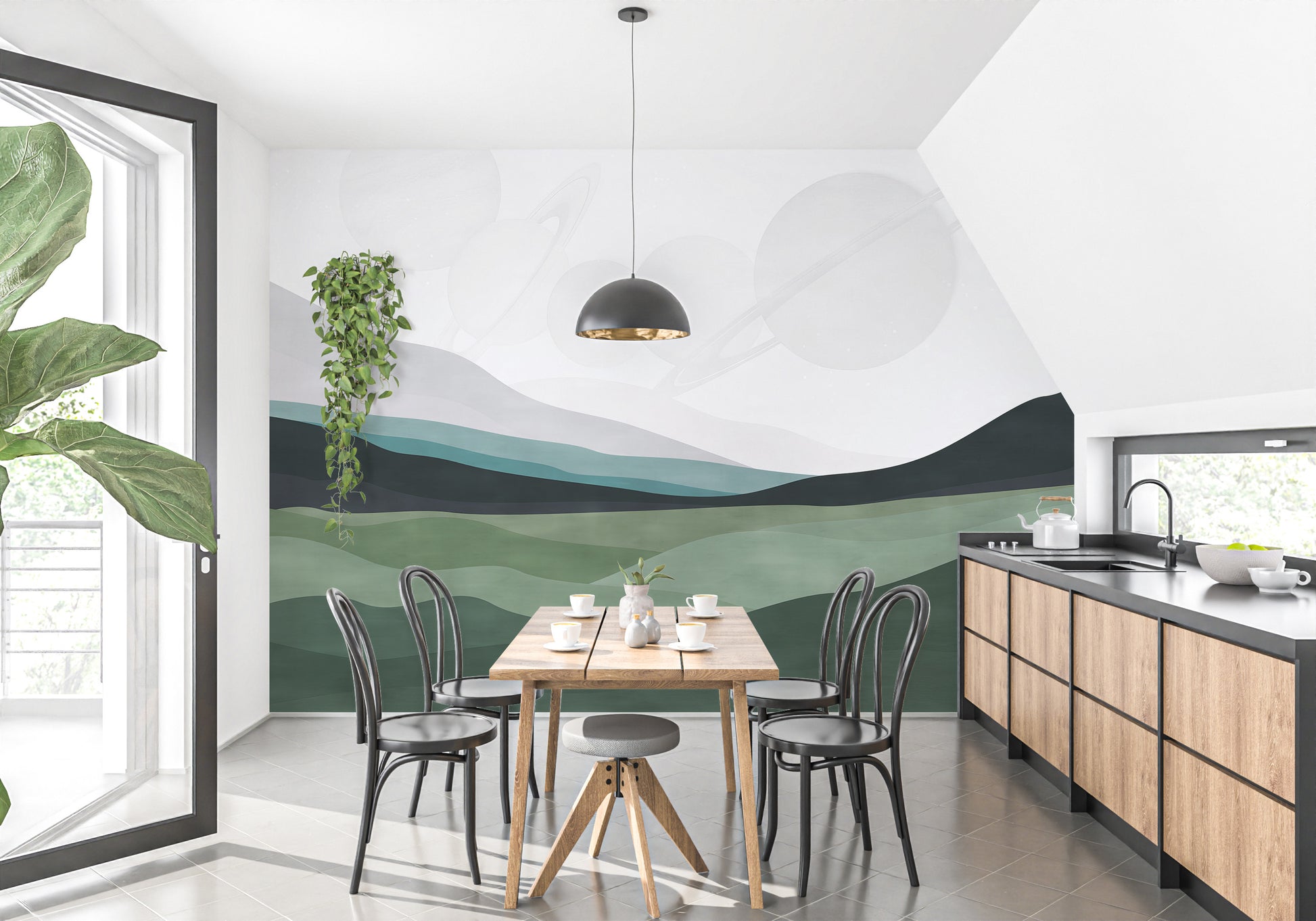 Galactic Harmony wallpaper mural of green hills and faint planets behind a dining table in a kitchen