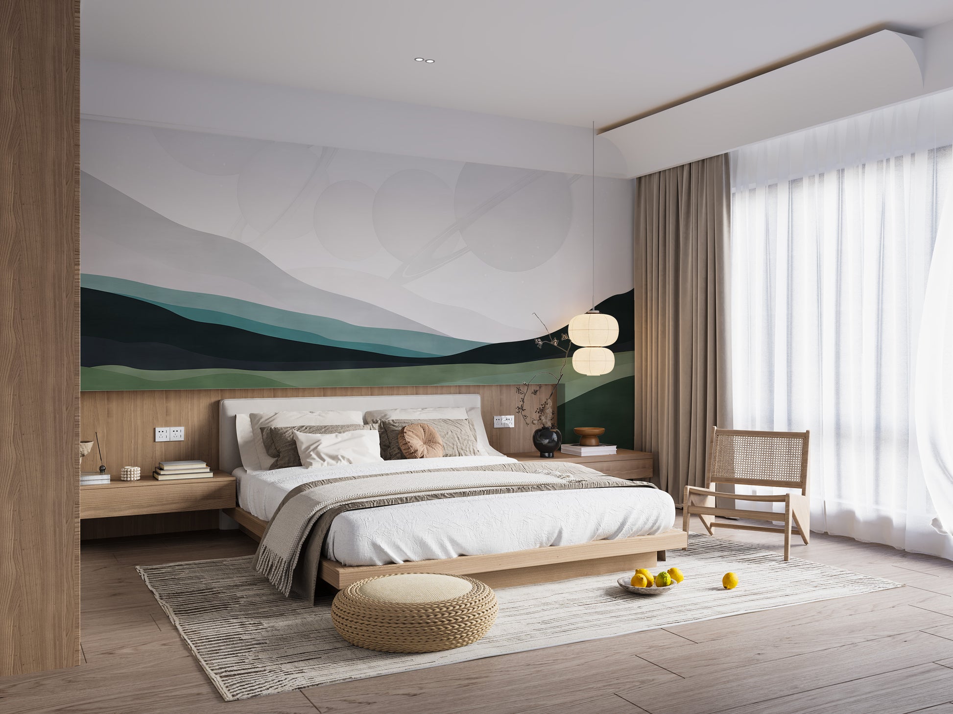 Galactic Harmony wallpaper mural of minimalist green hills behind a wooden platform bed in a bright bedroom