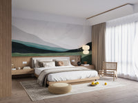 Galactic Harmony wallpaper mural of minimalist green hills behind a wooden platform bed in a bright bedroom