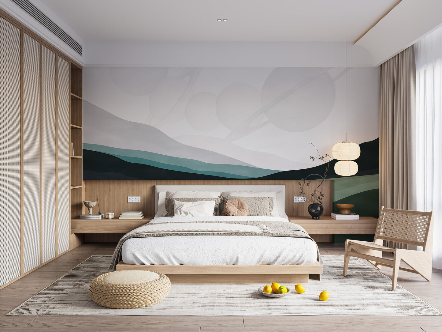 Galactic Harmony wallpaper mural of layered green hills behind a low wooden bed in a serene bedroom