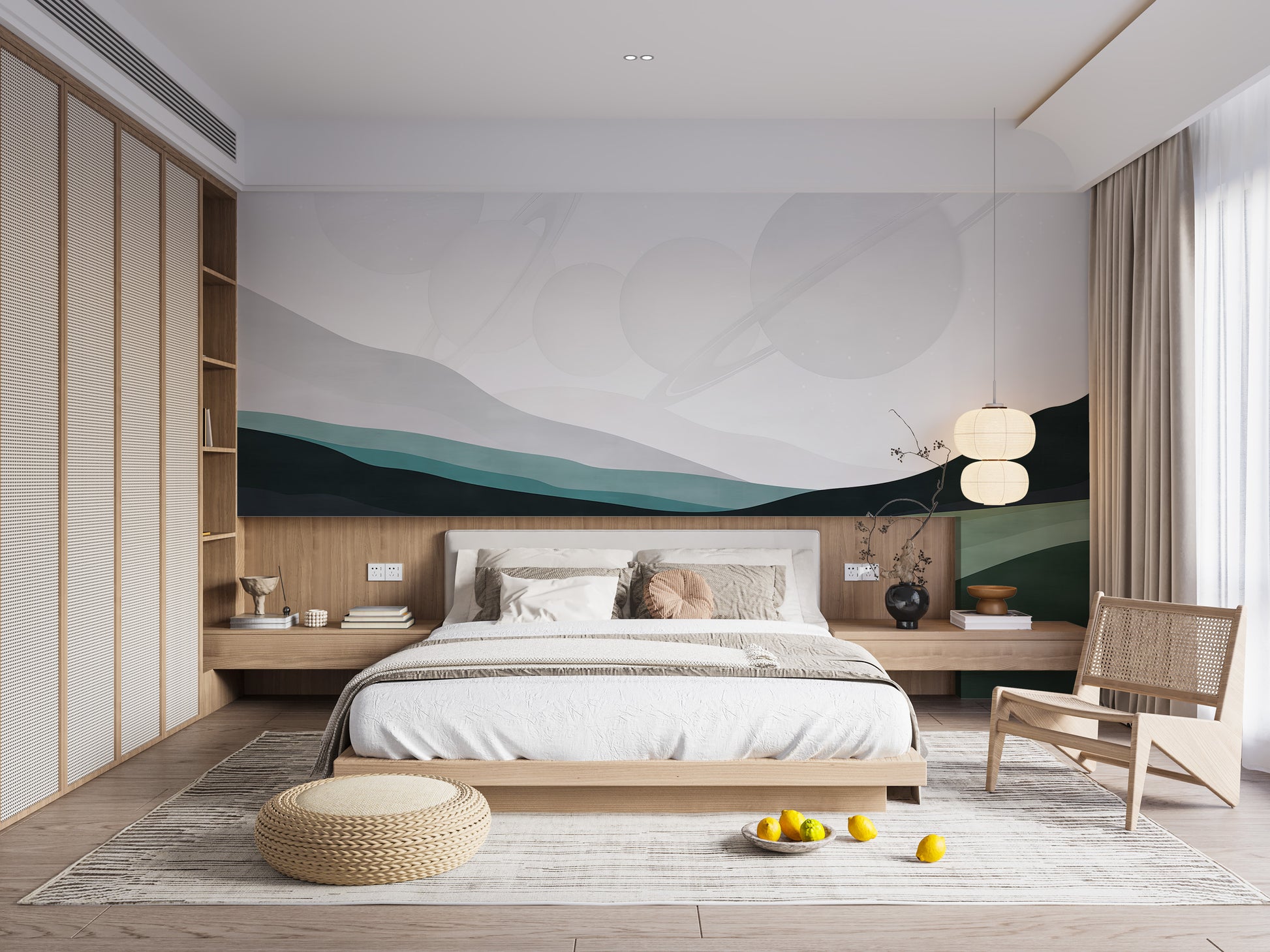Galactic Harmony wallpaper mural of layered green hills behind a low wooden bed in a serene bedroom
