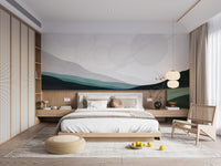 Galactic Harmony wallpaper mural of layered green hills behind a low wooden bed in a serene bedroom