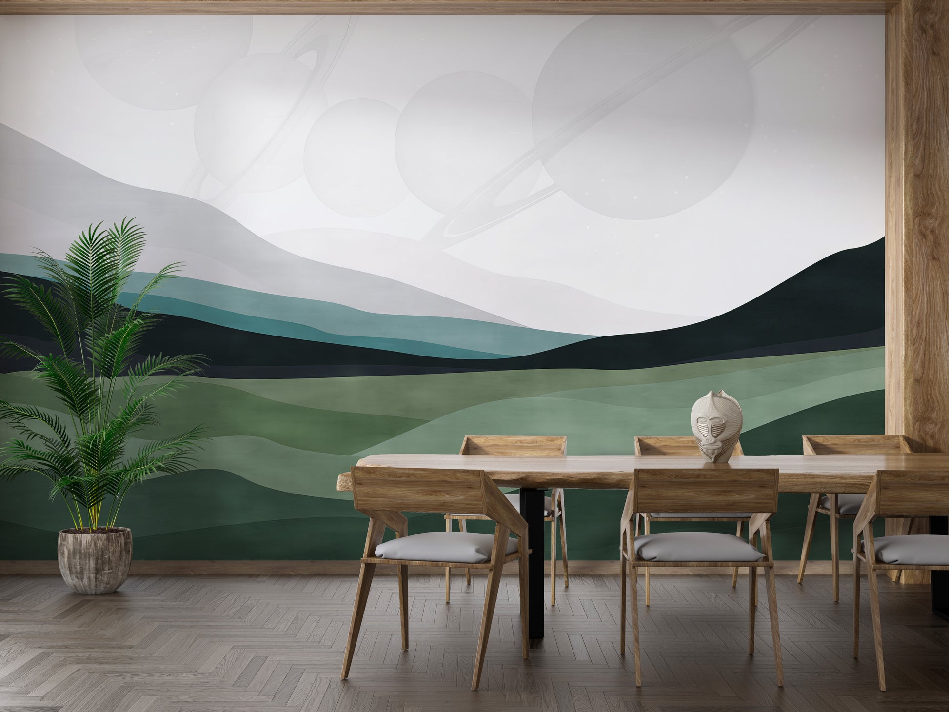 Galactic Harmony wallpaper mural of green hills and pale planets behind a wooden dining table and palm
