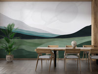 Galactic Harmony wallpaper mural of green hills and pale planets behind a wooden dining table and palm