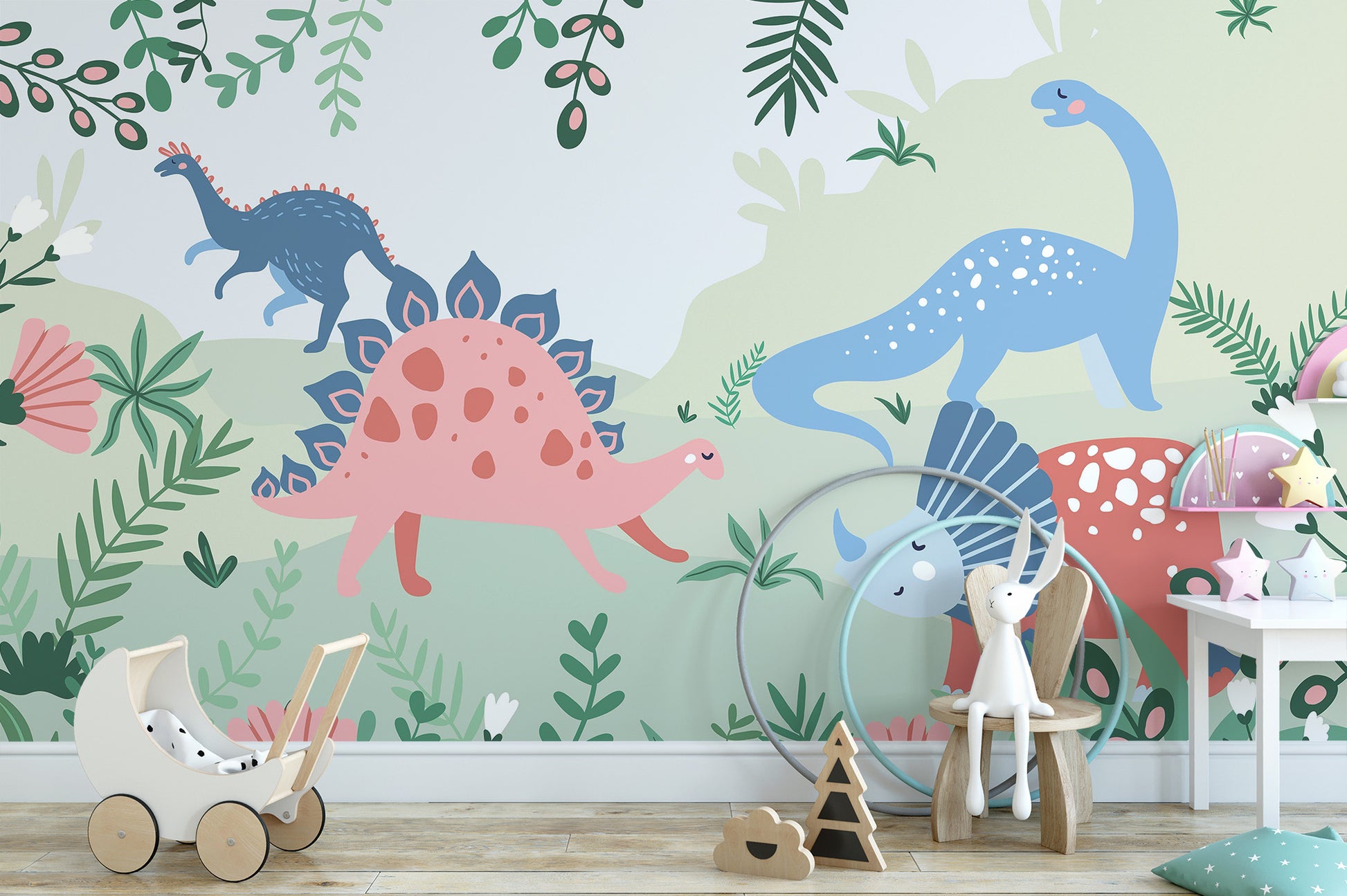 Kids Dinosaur wallpaper mural of a pink stegosaurus and blue dino beside a wooden toy pram in a child's playroom